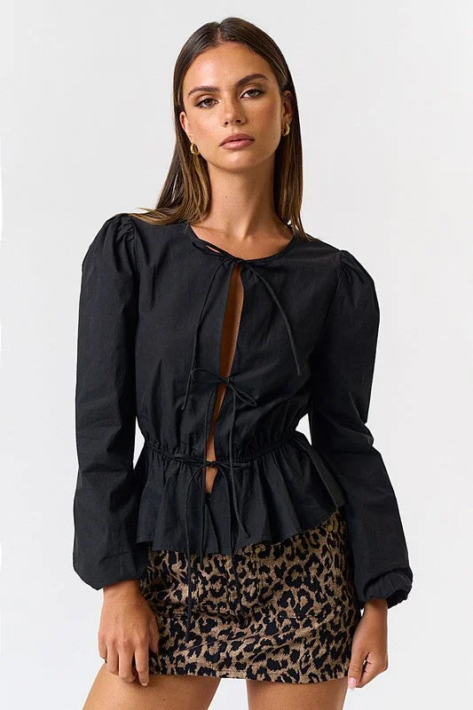 Maura Long Sleeve Bow Tie Peplum Top Black