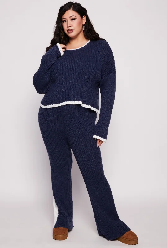 Plus Size Knit Contrast Stripe High Waist Flare Pants