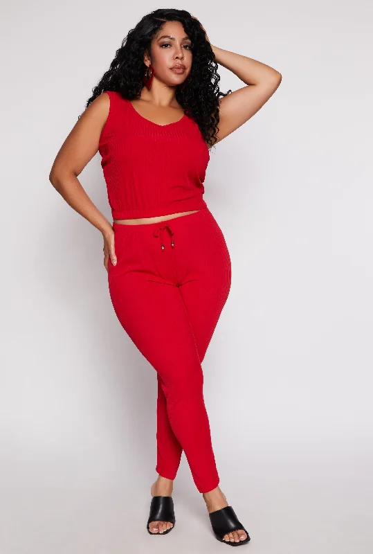 Plus Size Ribbed Drawstring Skinny Leg Pants