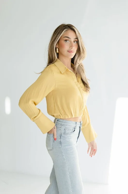 Sheena Long Sleeve Elastic Waist Cropped Satin Top Yellow