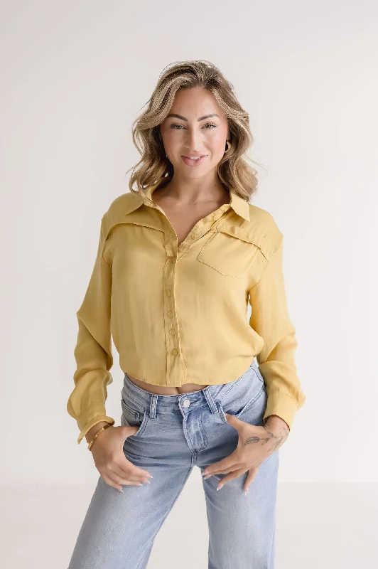 Trish Long Sleeve Button Down Cropped Satin Top Yellow