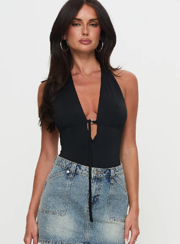 Two Summers Plunge Neck Bodysuit Black