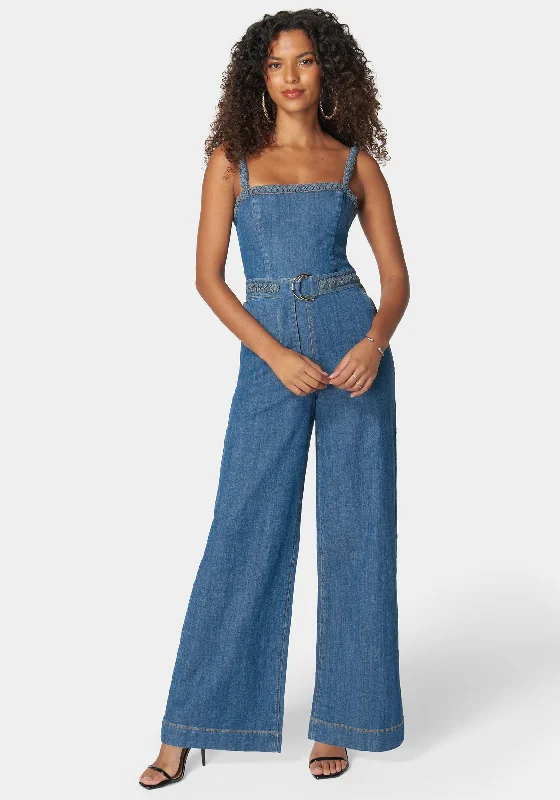 Braided Detail Ultra Wide Leg Denim Jumpsuit