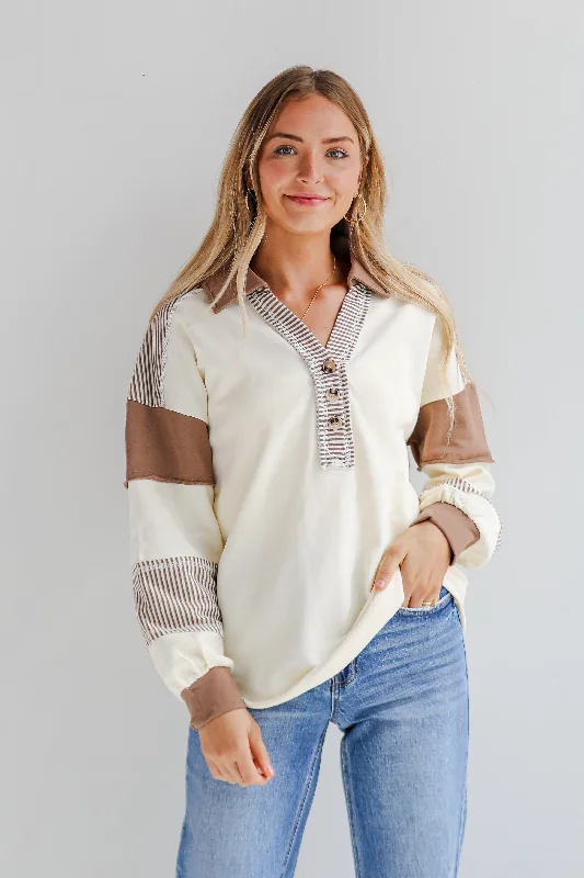 Casual Energy Ivory Collared Color Block Oversized Top