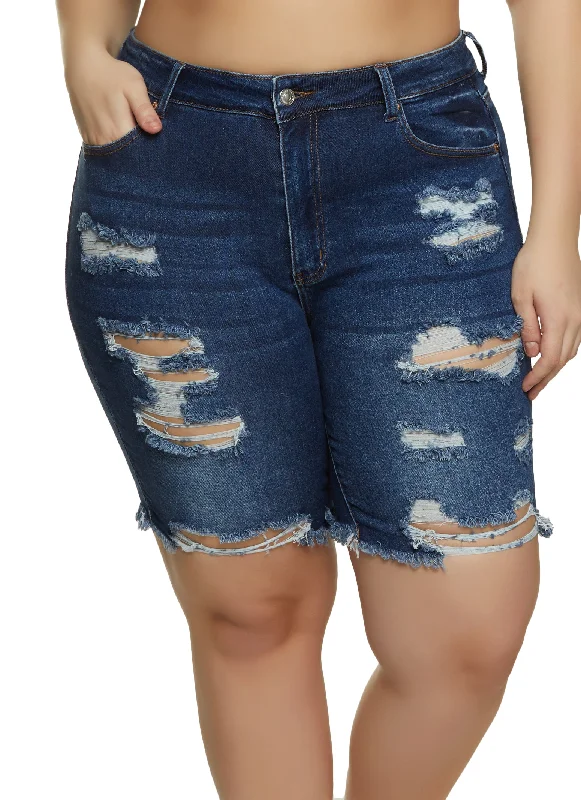 Plus Size Distressed Denim Bermuda Shorts