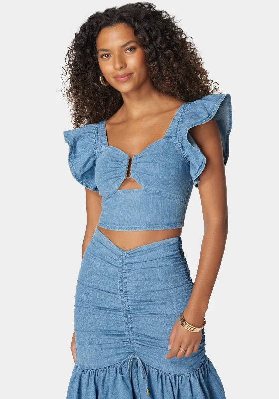 Front Keyhole Ruffle Sleeve Denim Top