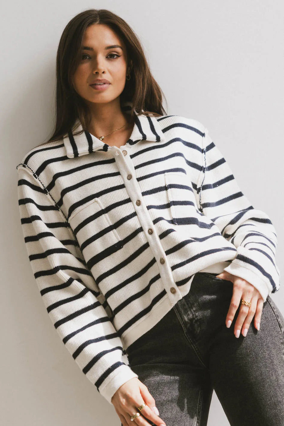 Harper Striped Cardigan in Navy