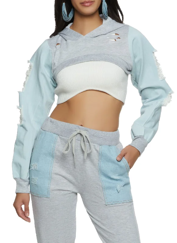 Distressed Denim Sleeve Hooded Bolero