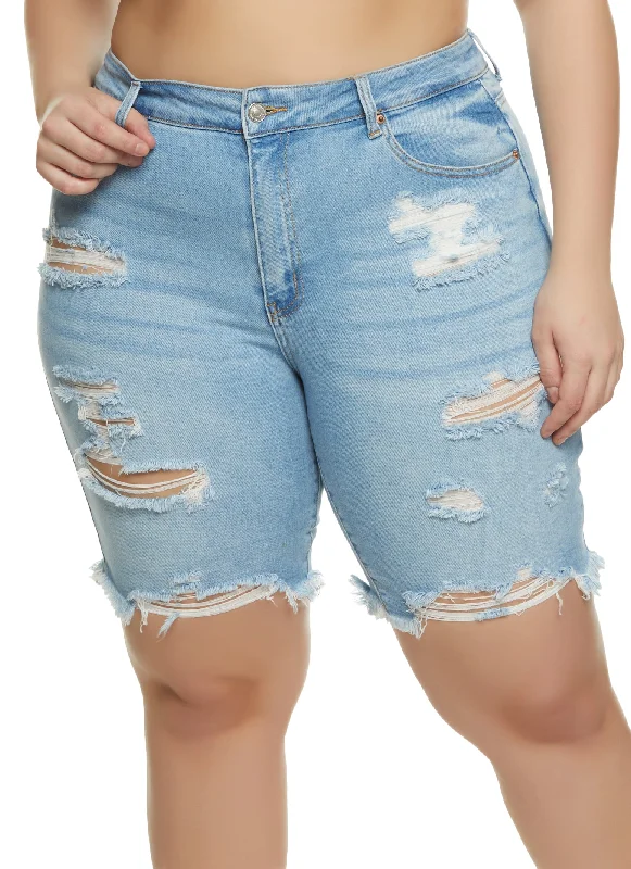 Plus Size Distressed Denim Bermuda Shorts