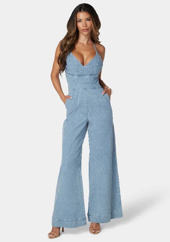 Plunging Vneck Full Wide Leg Denim Jumpsuit