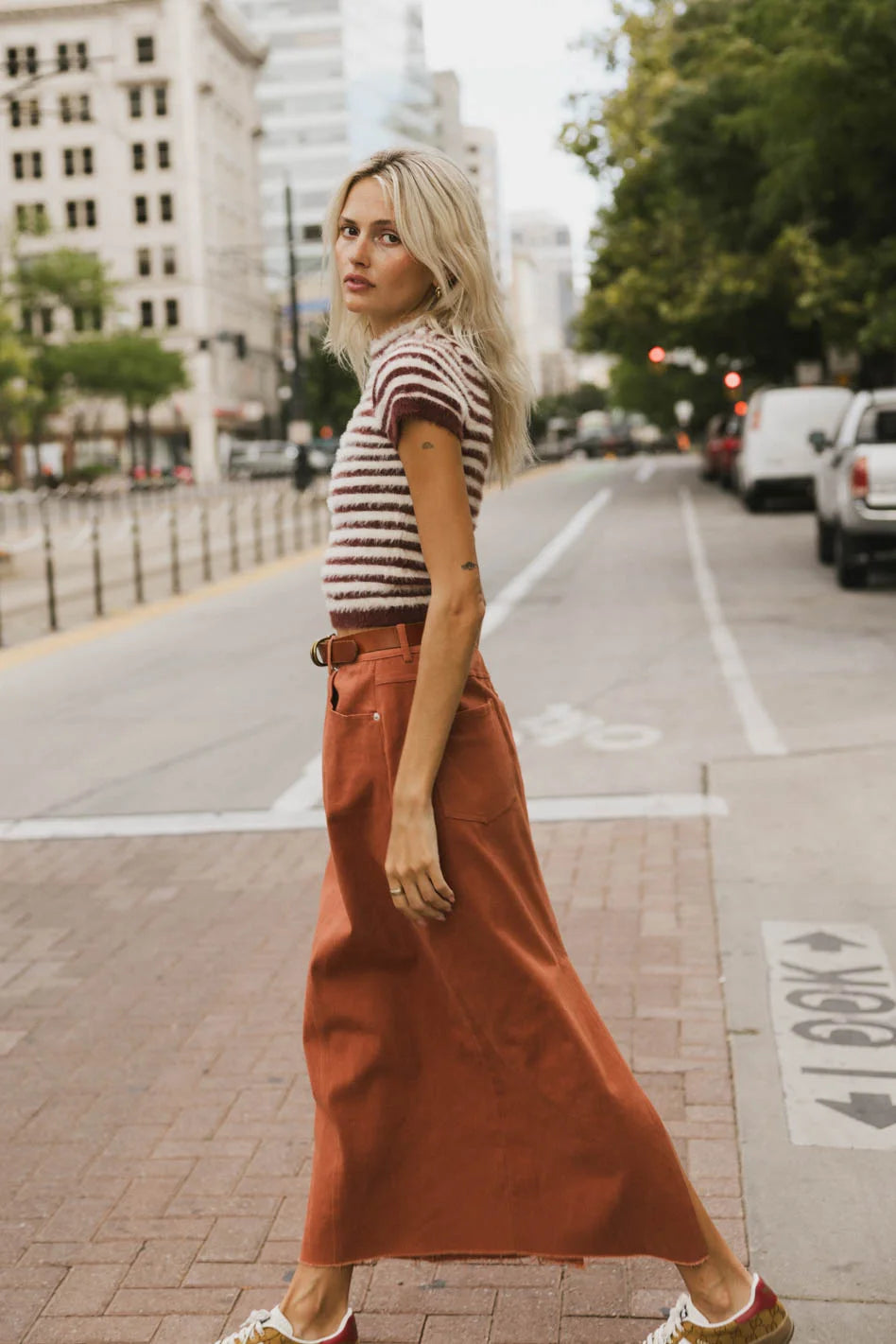 Rylie Denim Maxi Skirt in Rust