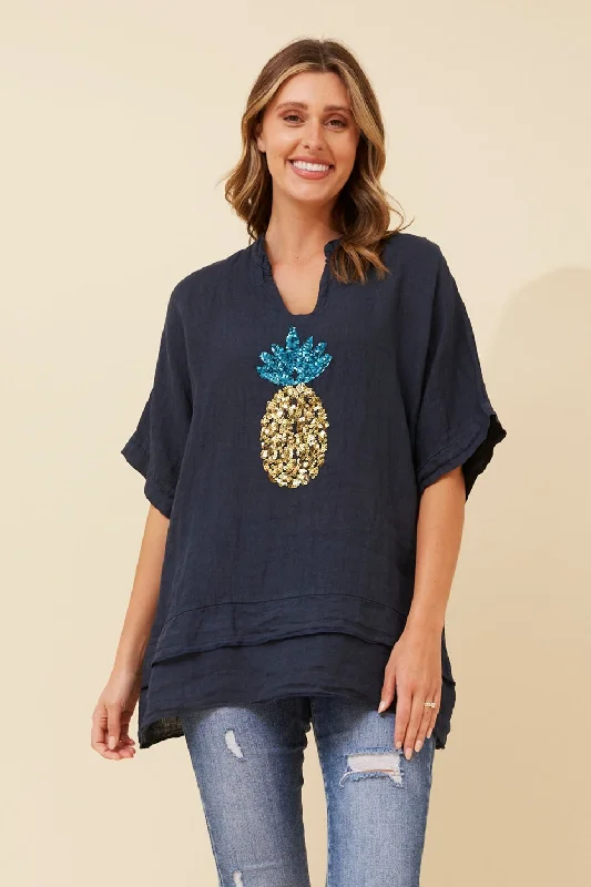 SANTINA PINEAPPLE SEQUIN LINEN TOP