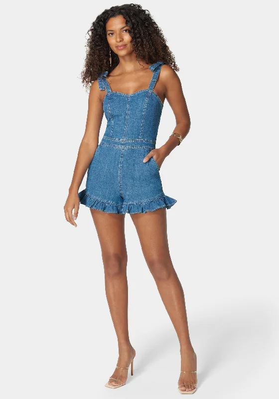 Tie Strap Ruffle Detail Denim Romper